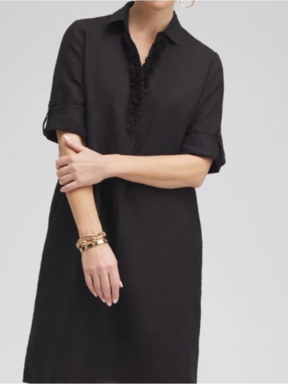 Chico’s Black Linen 3-D Flower Fringe V-Neck Shift Dress